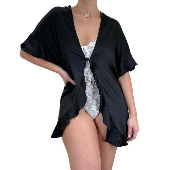 VICTORIA'S SECRET Women's Satin Robe Pajama Top Black NWT One Size Ruffle Sexy - Picture 2 of 12